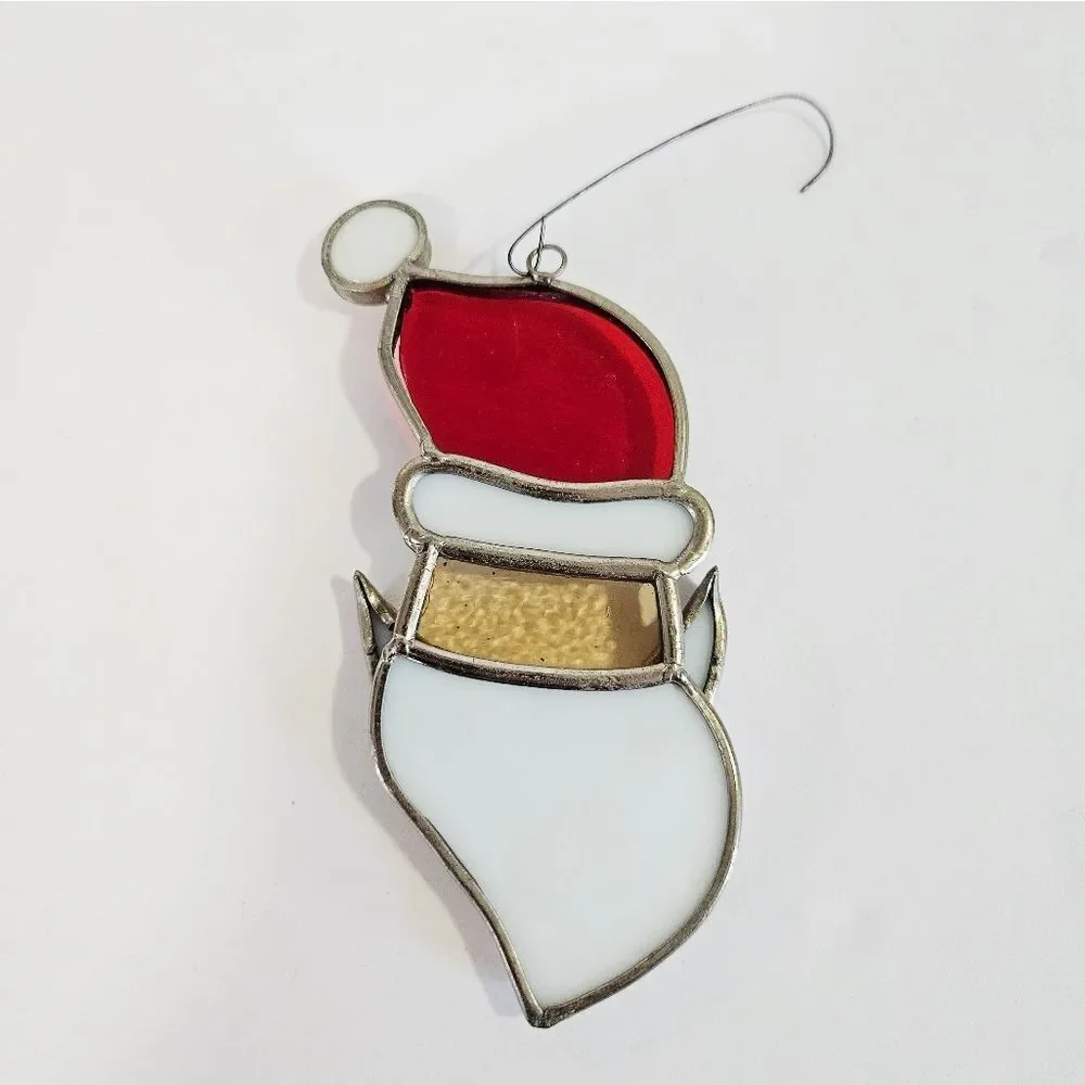 Vintage Large Stained Glass Lead Frame Heavy Santa Suncatcher Christmas Ornament